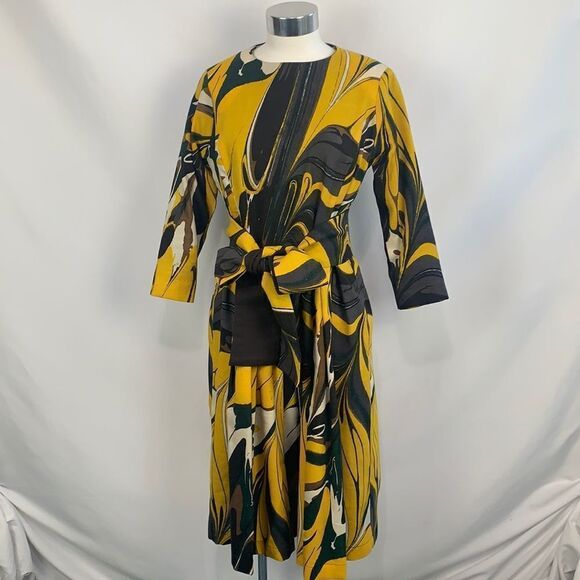 Samantha Sung mustard print a line with belt dress - Picture 1 of 10